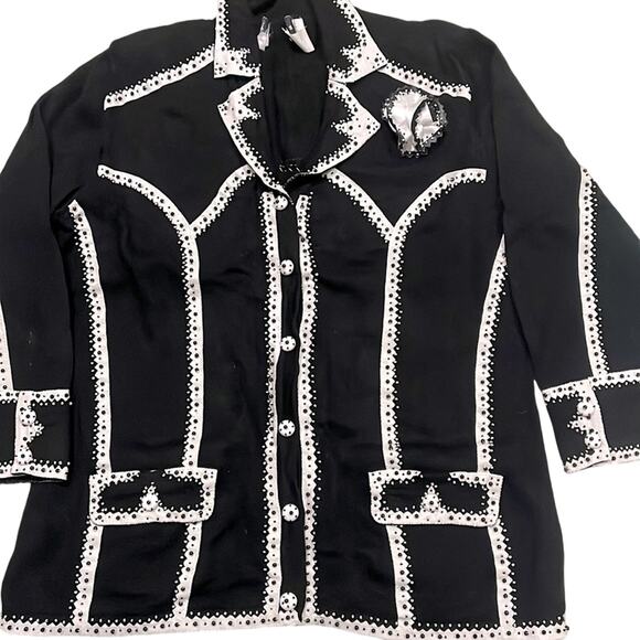 Vintage Knit Cardigan Sweater Black Large Beaded Vegan Leather Trim Satin - Picture 1 of 16